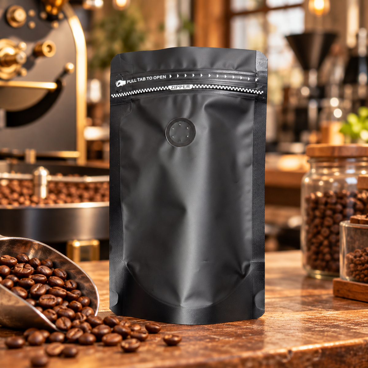 Bolsa Negra para Cafe 125 g con Valvula y Zipper