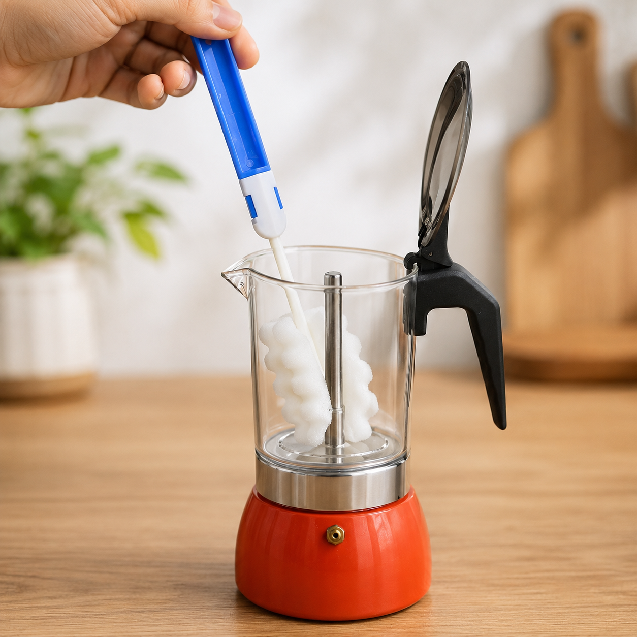 Cepillo de Limpieza con Esponja y Mango Largo para Cafeteras, Vasos, Tazas y Jarras