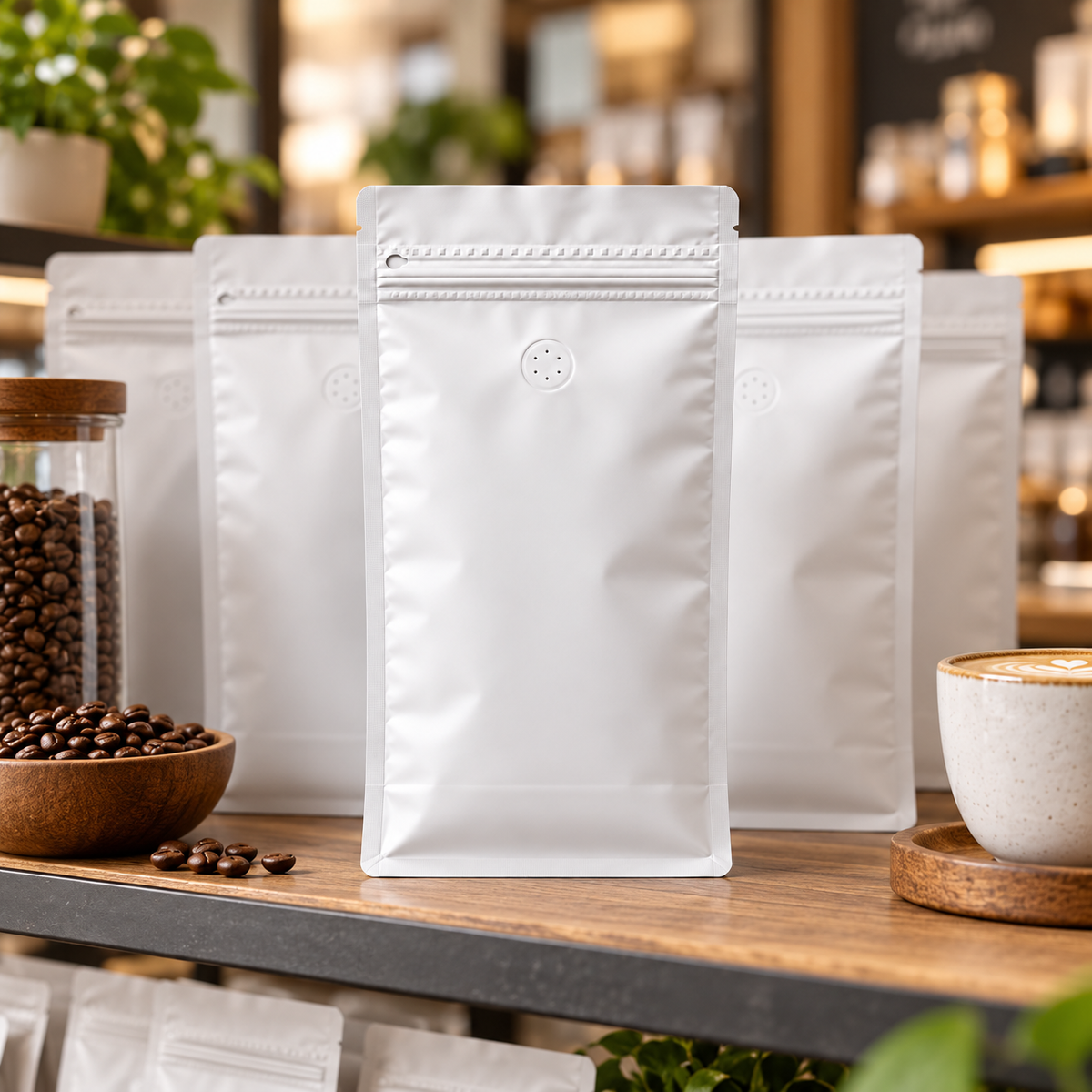 Bolsa Blanca para Cafe 500g con Valvula y Zipper