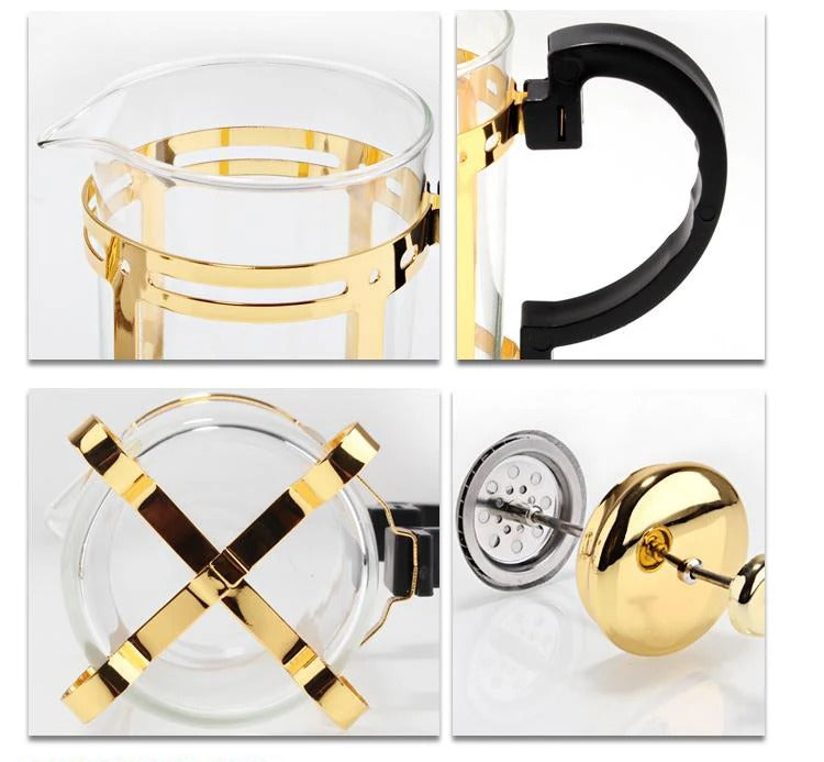 Cafetera Prensa Francesa 600ml Diseño Elegante Dorada Oro Brillante