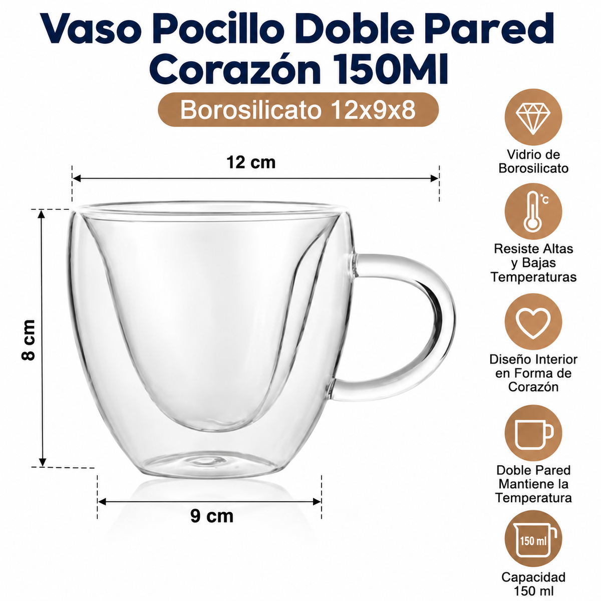 Vaso Pocillo Doble Pared Corazón 150Ml Borosilicato