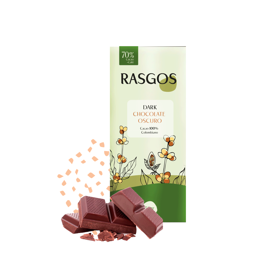 Chocolatina en Barra de Cacao Especial RASGOS 70% Chocolate + Trocitos de Café 50g