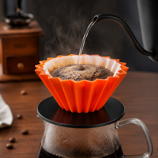 Detalle de extracción en dripper naranja para café filtrado
