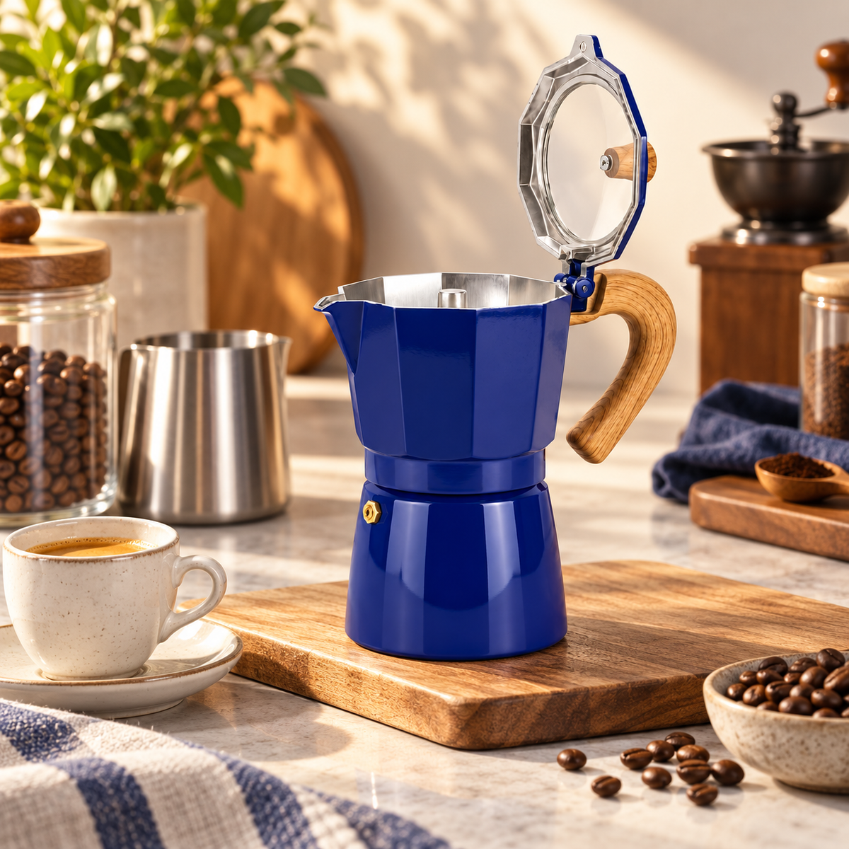 Cafetera Moka Tapa Transparente Azul 9 Tazas