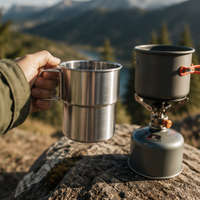 Vaso Pocillo Camping Acero Inoxidable 300 ml con Mango Plegable