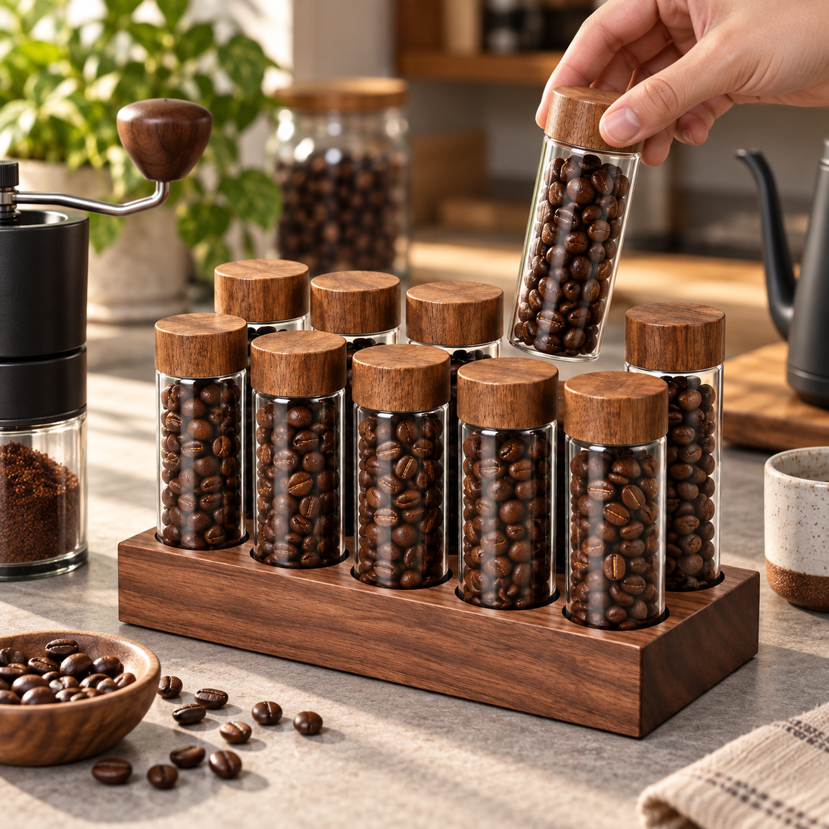 Set Dosificador de Cafe con 12 Tubos de Vidrio y Base de Madera