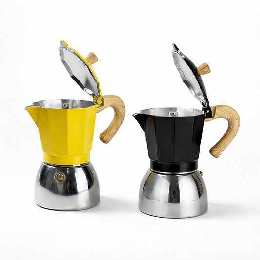 Cafetera Italiana Moka 9 Tazas Diseño Moderno en Negro y Amarillo
