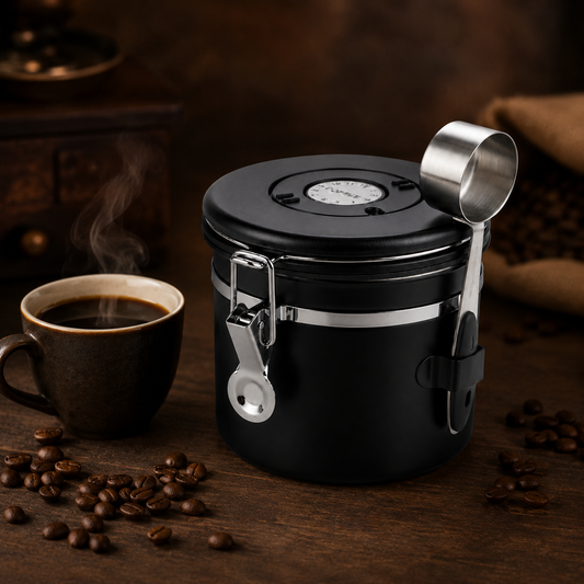Recipiente Bote Hermetico para Cafe Negro Mate con Cuchara Medidora