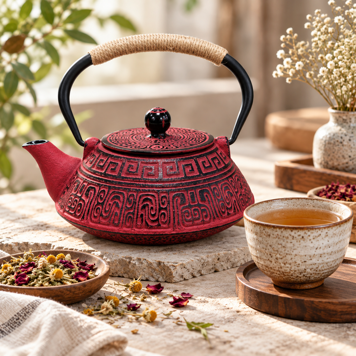 Tetera de Hierro Fundido Roja 770ML con Filtro para Te e Infusiones Aromaticas