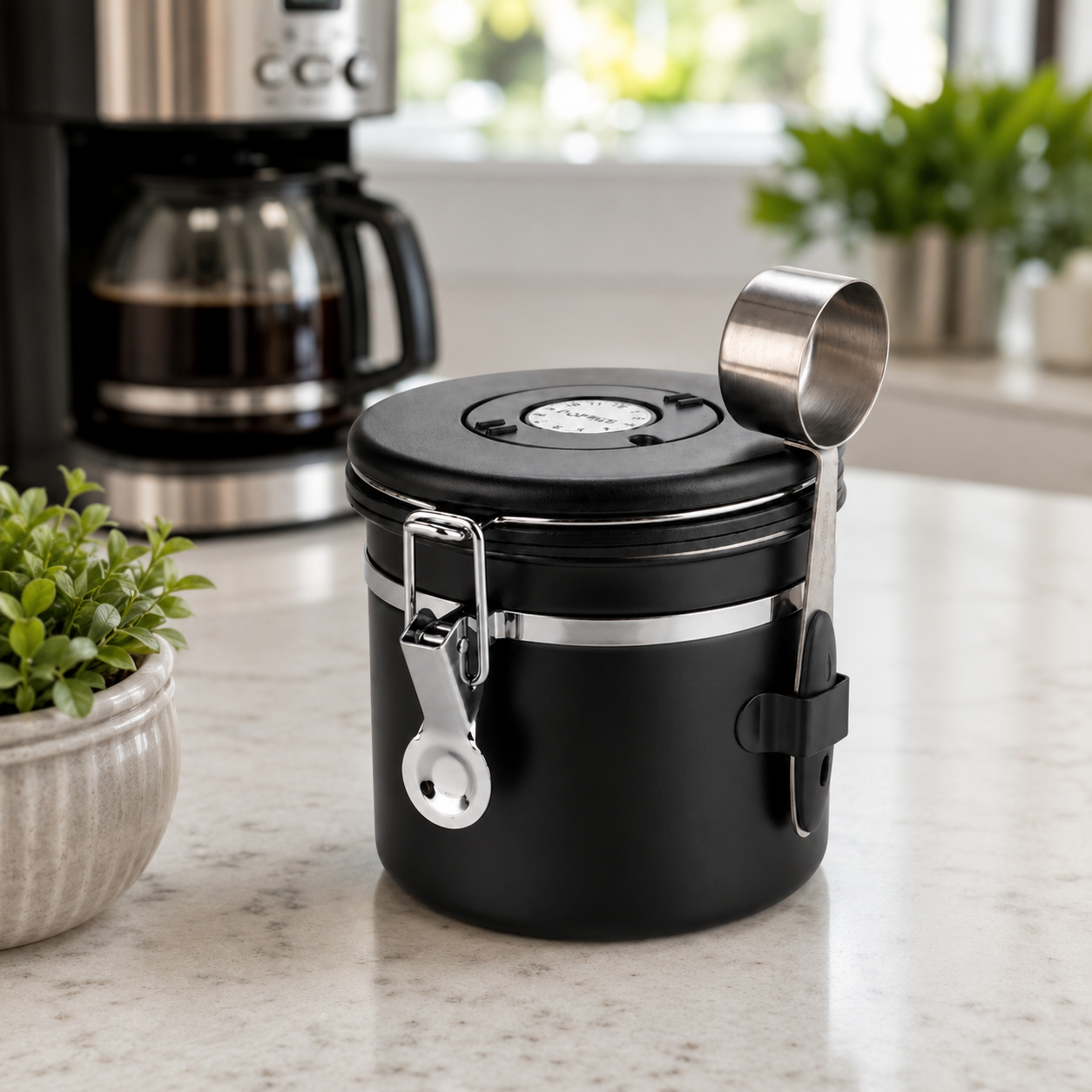Recipiente Bote Hermetico para Cafe Negro Mate con Cuchara Medidora