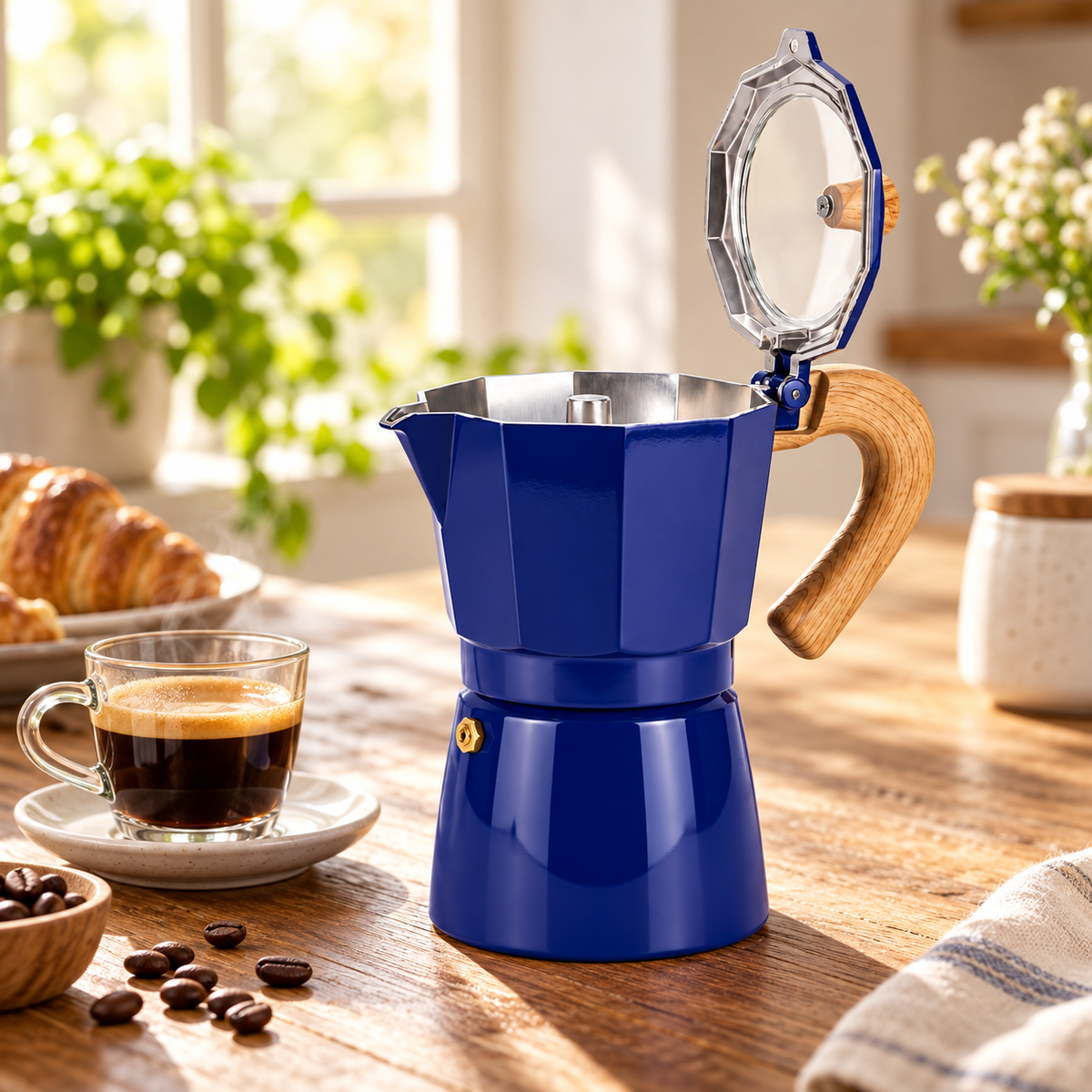 Cafetera Moka Tapa Transparente Azul 9 Tazas