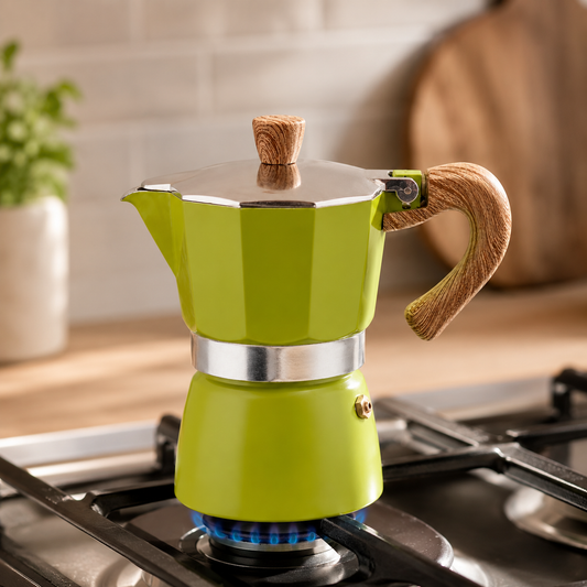Cafetera Moka Italiana Verde 3 Tazas con Mango Efecto Madera