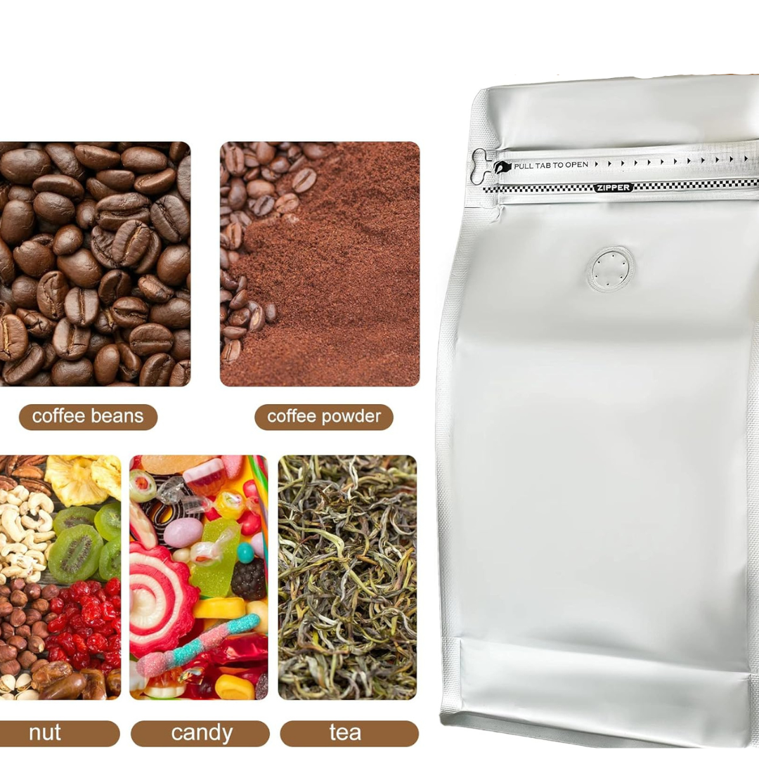 Pack de 50 Bolsas para Café 5G Hermeticas con Valvula color Plata 340gr