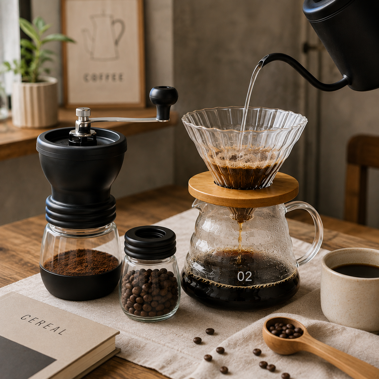 Kit de Cafe Metodo Dripper V60 con Molino Manual de Muelas Conicas Ceramicas Resistentes