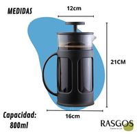 Prensa Francesa Negra French Press Cafetera de Embolo Plano 350ml-600ml-800ml