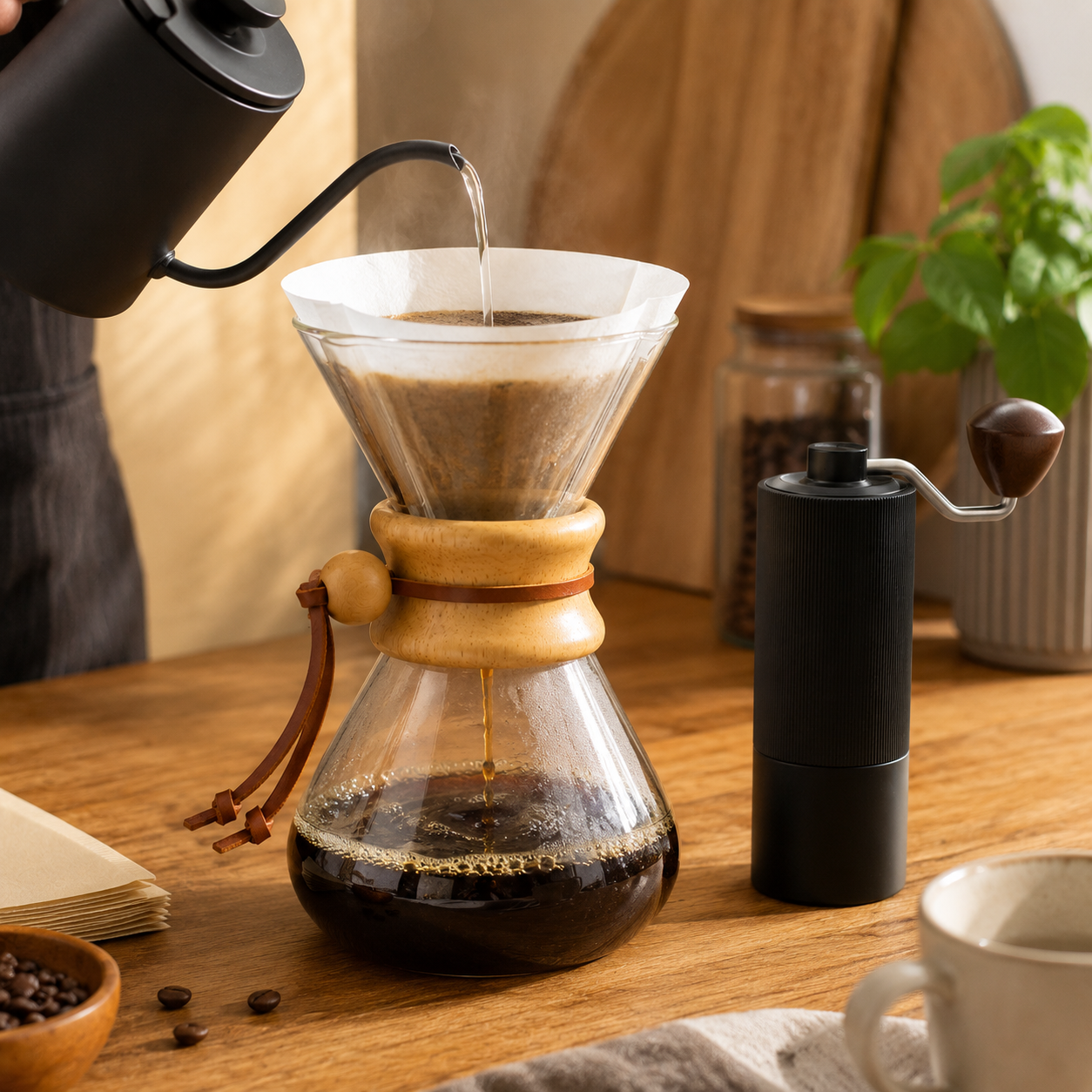 Kit Cafetera Tipo Chemex 600 ml con Molino Manual Profesional Muelas Conicas Acero Inoxidable
