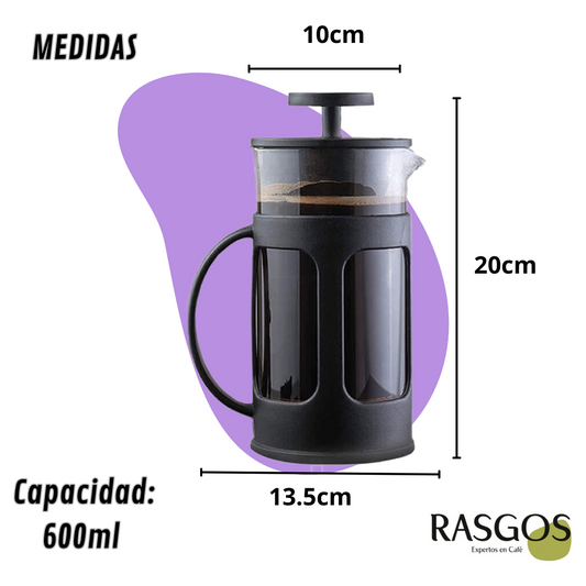 Prensa Francesa Negra French Press Cafetera de Embolo Plano 350ml-600ml-800ml