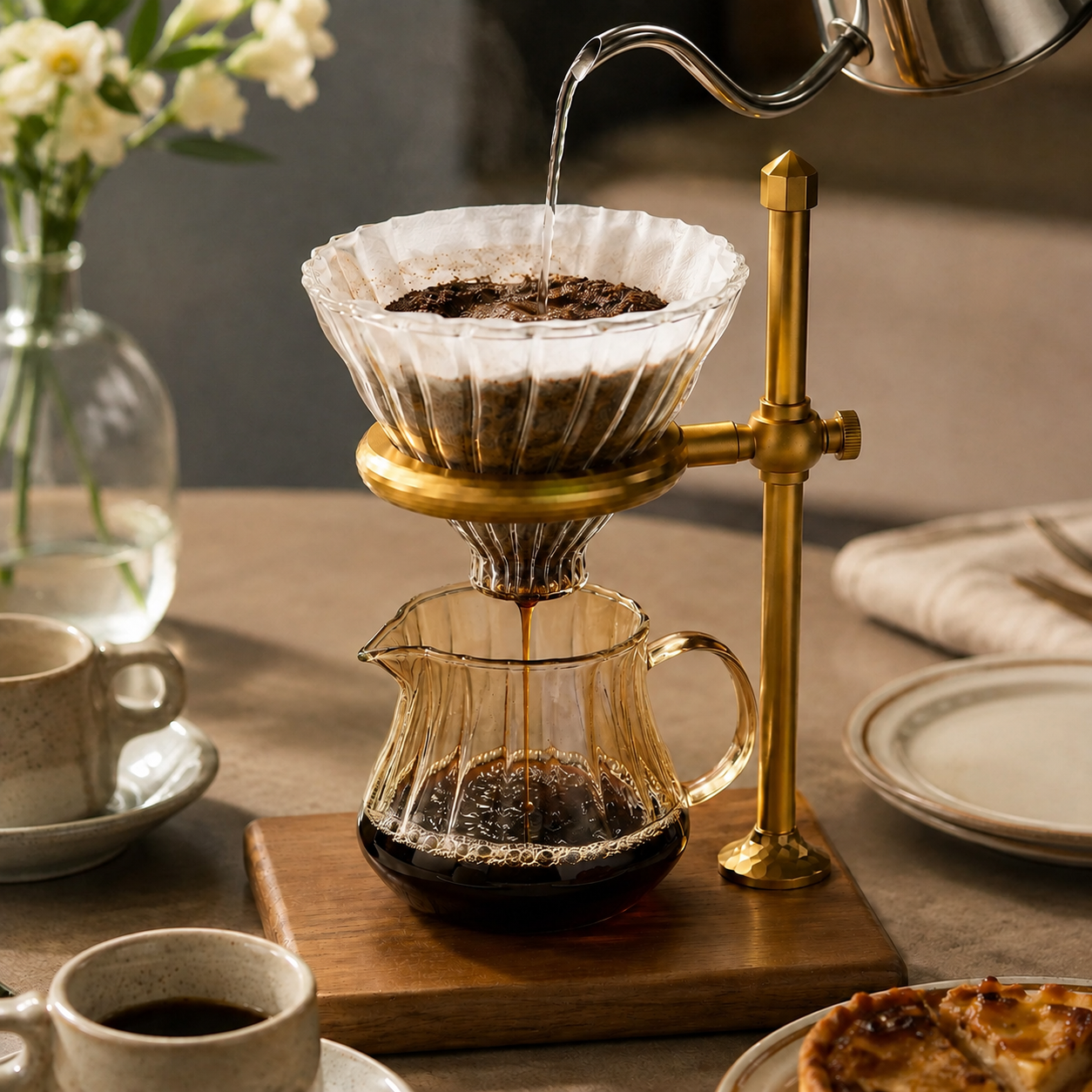 Kit Pour Over Base V60 Dorado Ajustable Dripper 02 con Jarra Server 400 ml