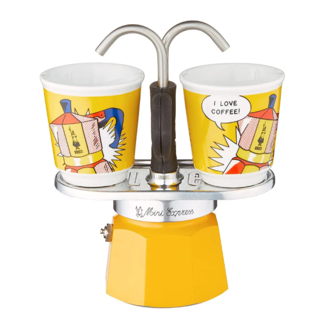 Bialetti Mini Express Lichtenstein Amarilla con 2 Tazas 250ml