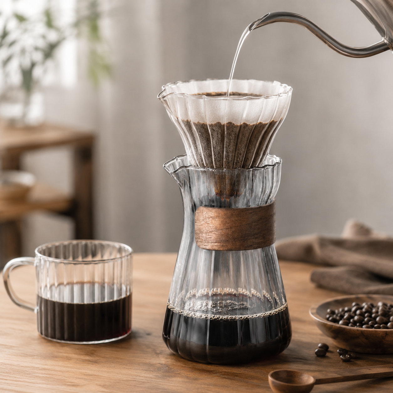 Servidor de Cafe y Jarra de Vidrio con Mango de Madera 400ml