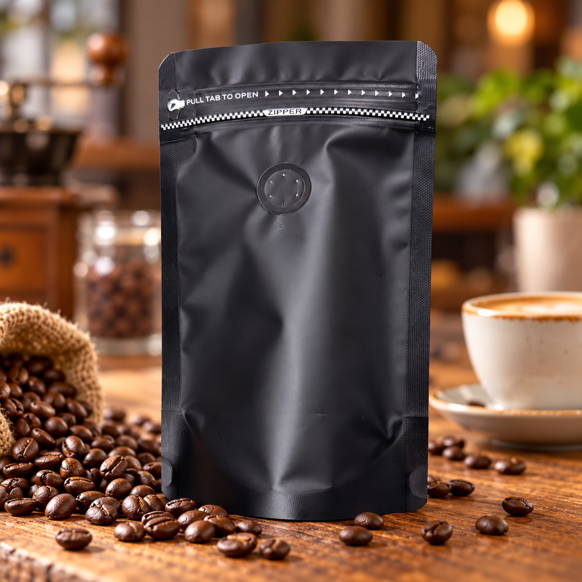 Bolsa Negra para Cafe 125 g con Valvula y Zipper