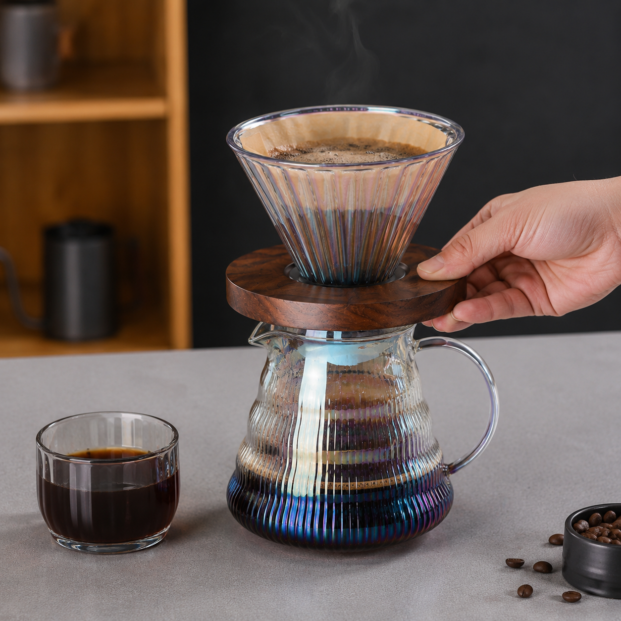 Cafetera Metodo V60 Dripper 02 | Con Base Madera para Cafe Filtrado