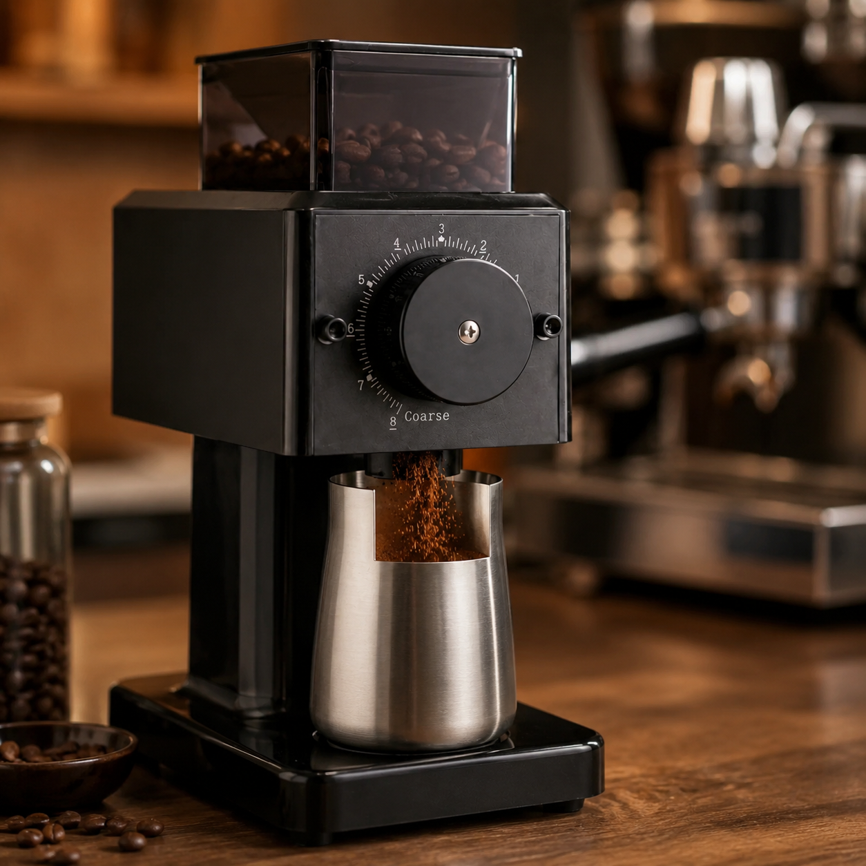 Molino Electrico Cafe de Muelas Planas en Acero Inoxidable con 8 Ajustes | Tolva de 250g y 180W