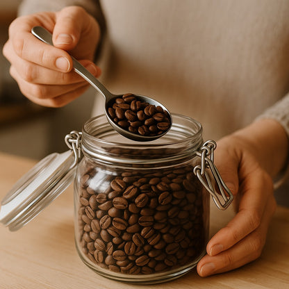 Hecho en vidrio de borosilicato grueso, con tapa hermética de acero y sistema de vacío. Protege tu café del aire, humedad y contaminaciones.