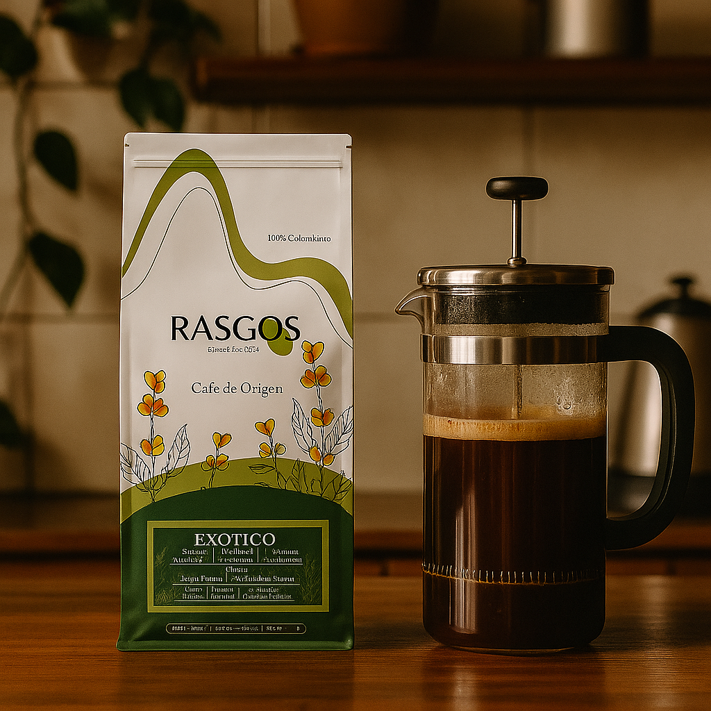 Kit Café Colombiano RASGOS x3 | Café Insignia 250 g + Café Carmesi Bourbon Rosado 250 g + Café Exotico Gesha 250 g