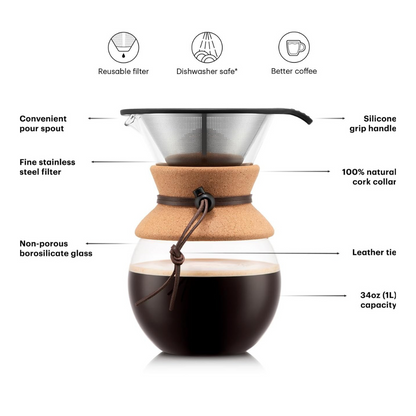 Cafetera de Goteo Bodum Original 1Lt con Filtro de Acero y Agarre de Corcho