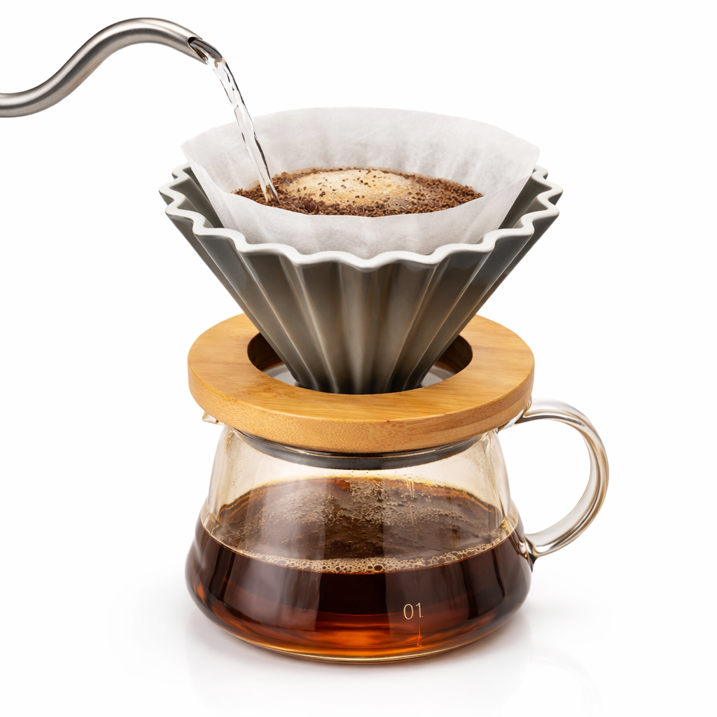 Cafetera Dripper Origami Negro Flower Ceramico 01 con Base de Madera