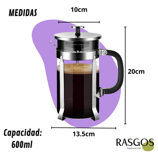 Prensa Francesa Clásica en Acero Inoxidable Plata Disponible en 350ml/600ml/800ml
