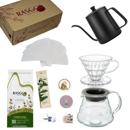 Kit Cafetero V60 | Metodo V60 Acrilico + Server #01 +Cuello de Cisne Negra 350ml + Cafe Insignia + Caja tipo Regalo