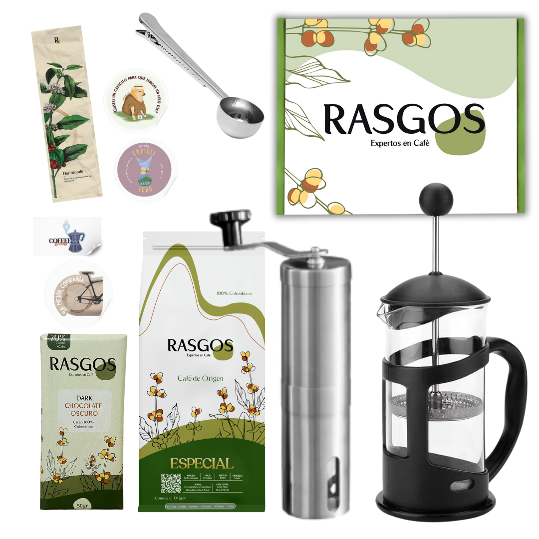 Kit Prensa Francesa 600ml | Prensa Francesa 600ml + Molino Manual + Café Insignia + Cuchara-Pinza + Chocolatina de Cacao + Caja de Regalo