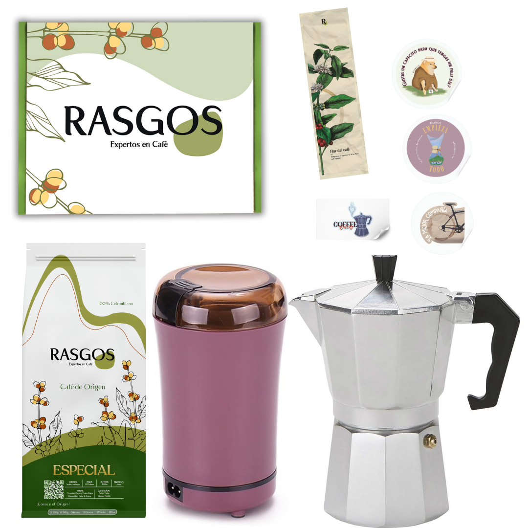 Kit Moka Italiana 6 Tazas | Moka 300 ml + Molino Eléctrico + Café Insignia + Caja tipo regalo