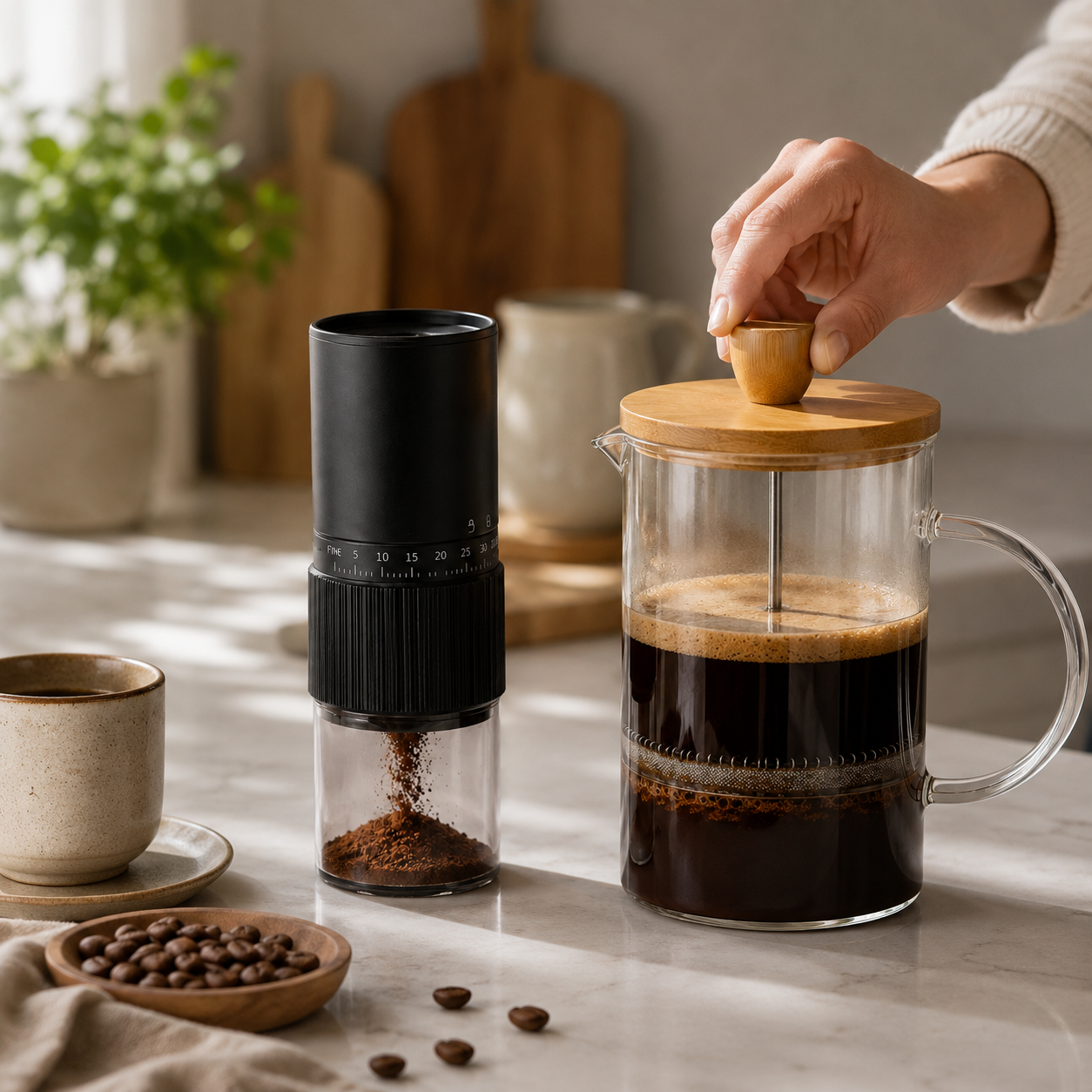 Kit Cafetera Prensa Francesa 600 ml con Molino Electrico Ajustable Clics Muelas Conicas en Ceramica