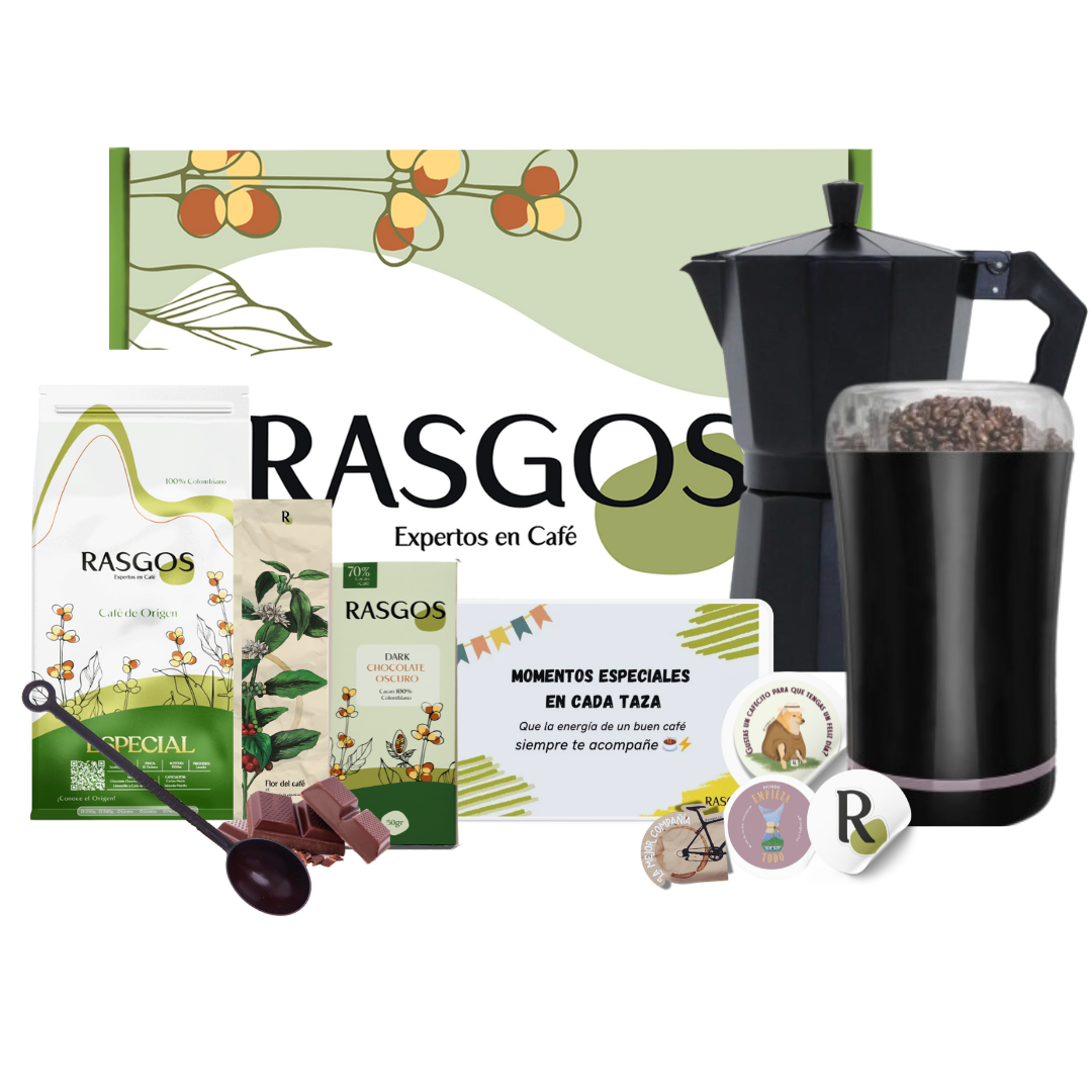 Kit Super Cafetera Italiana | Moka 150ml + Café Insignia 250g +Molino Electrico + Chocolatina + Cuchara + Mensaje Personalizado