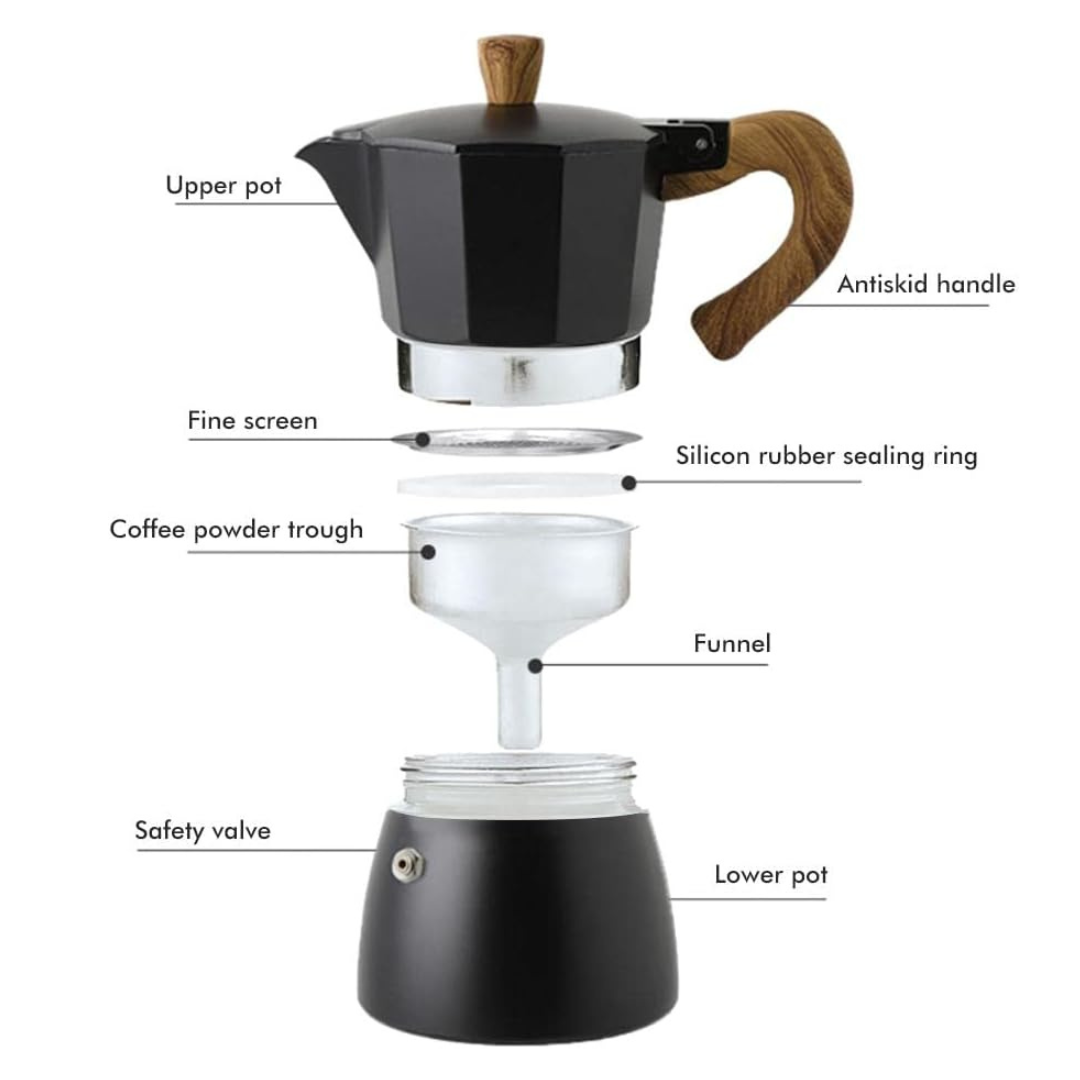 Cafetera Moka Italiana 150ml Aluminio Color Negra 3 Tazas