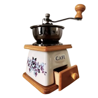 Moledor de Café en Madera y Porcelana Clásico con Diseño Floral