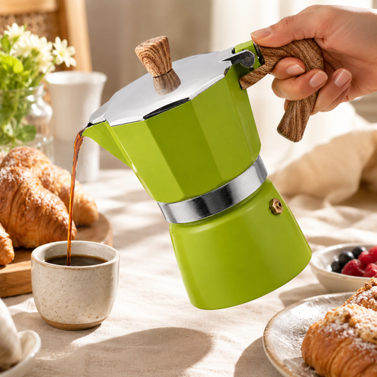 Cafetera Moka Italiana Verde 3 Tazas con Mango Efecto Madera