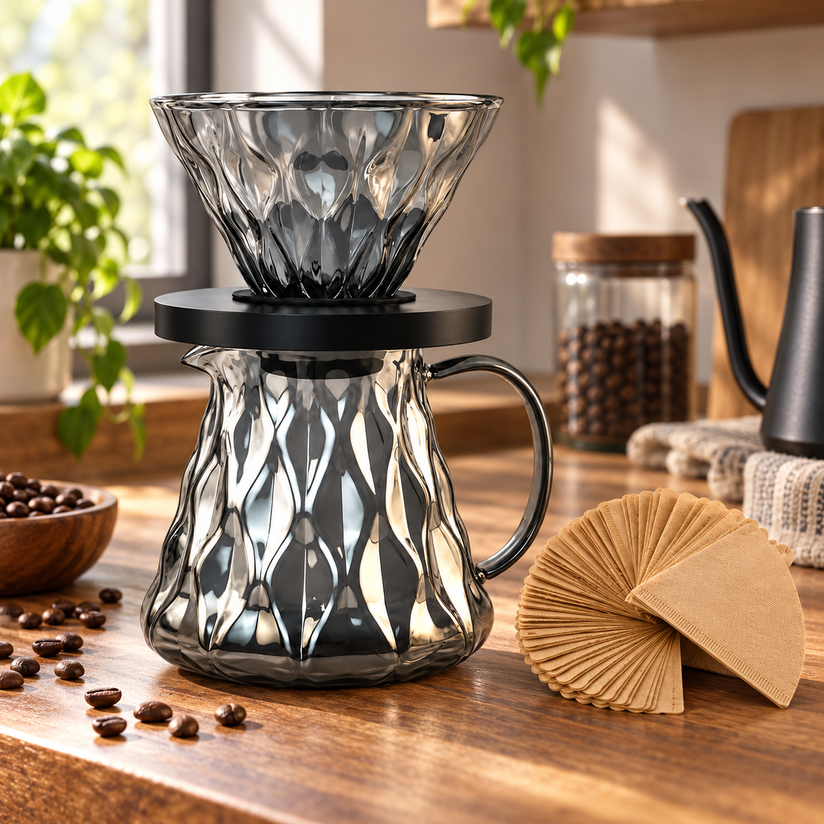 Kit Cafe V60 Diamante Server de Vidrio y Filtros
