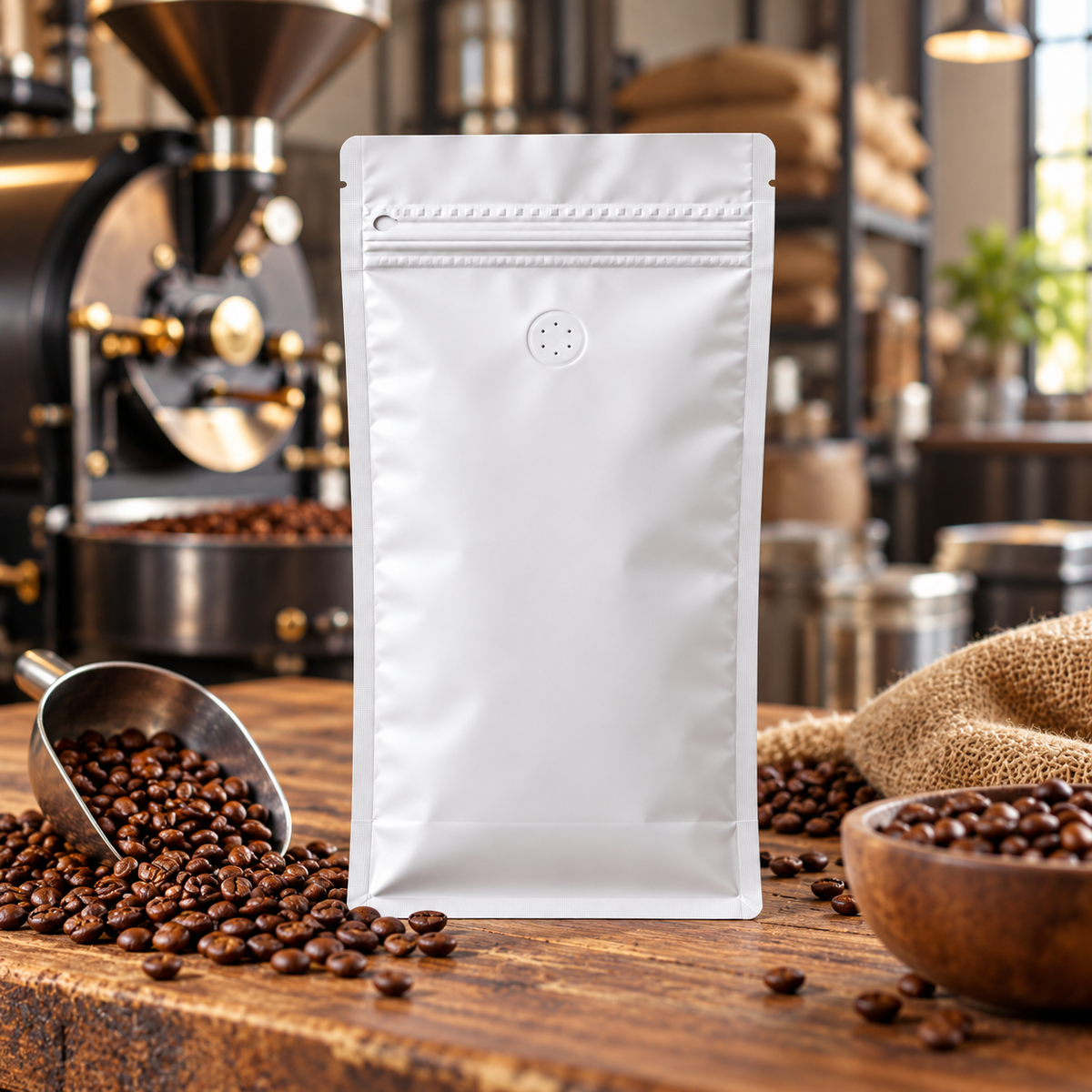 Bolsa Blanca para Cafe 500g con Valvula y Zipper