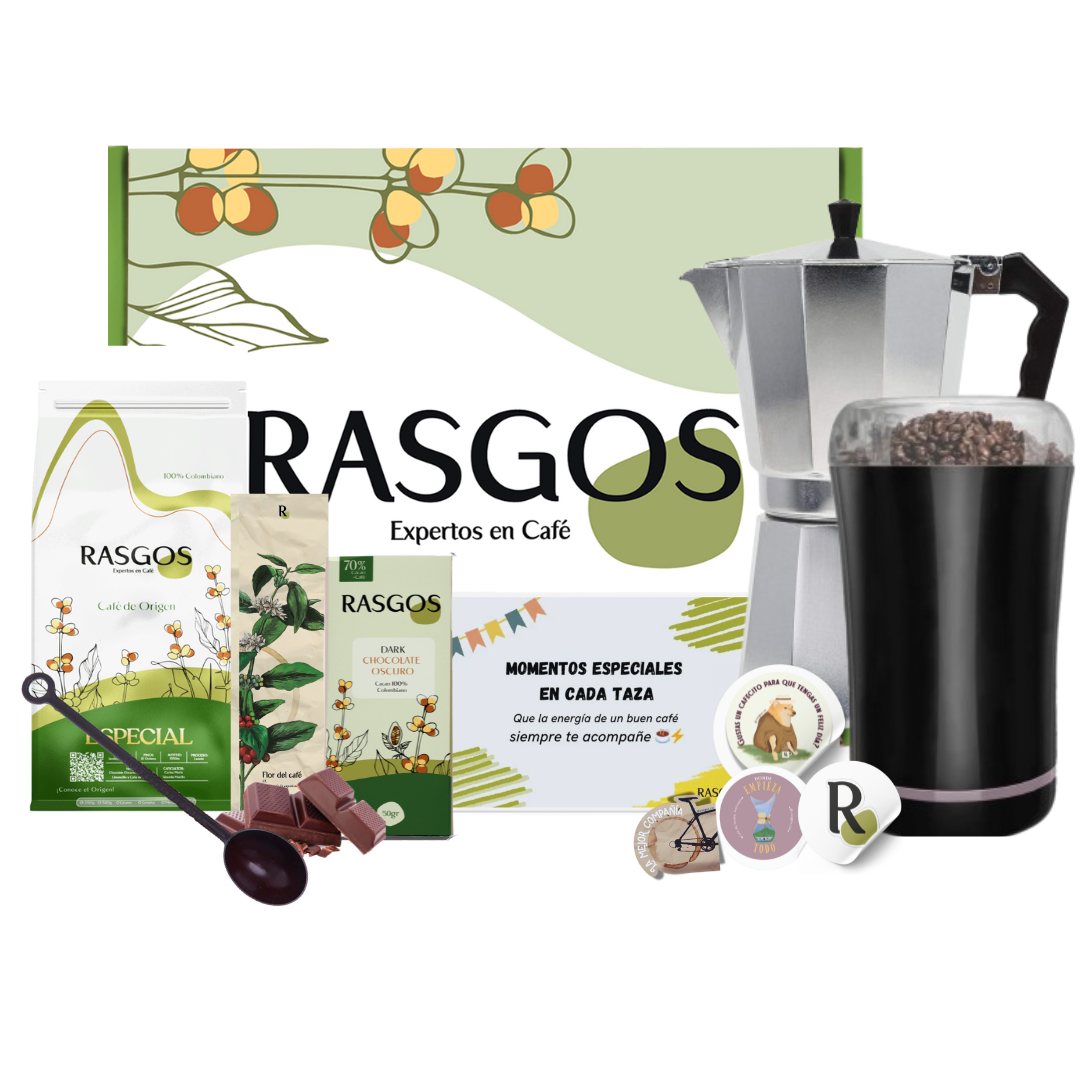 Kit Súper Cafetera Italiana | Moka 150ml + Café Insignia 250g +Molino Eléctrico + Chocolatina + Cuchara + Mensaje Personalizado