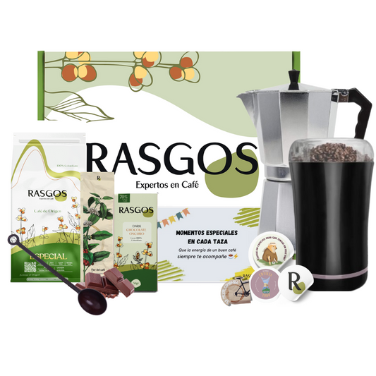 Kit Súper Cafetera Italiana | Moka 150ml + Café Insignia 250g +Molino Eléctrico + Chocolatina + Cuchara + Mensaje Personalizado