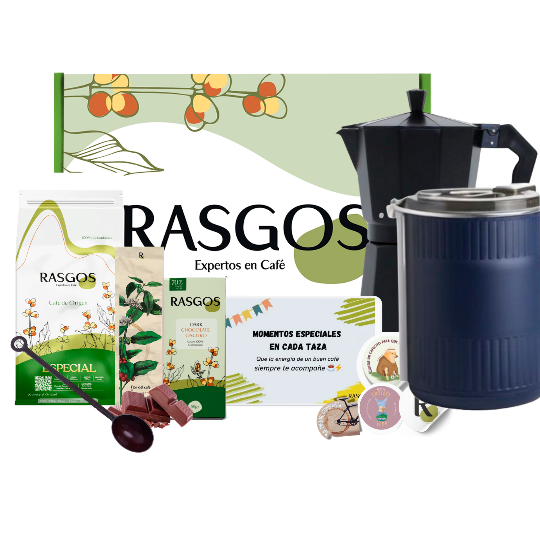 Kit Super Cafetera Italiana | Moka 150ml + Café Insignia 250g +Molino Electrico + Chocolatina + Cuchara + Mensaje Personalizado