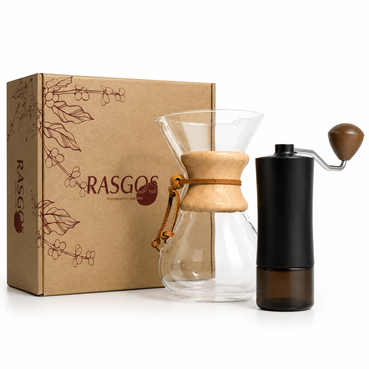 Kit de Cafe para Regalo con Cafetera Tipo Chemex 400 ml y Molino Manual Profesional