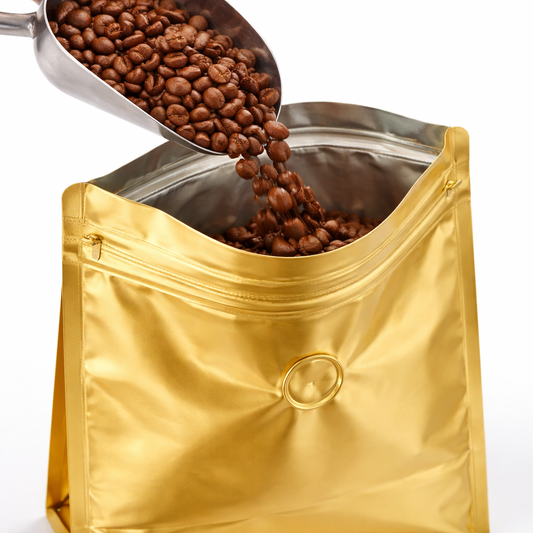 Bolsa Dorada 250g para Cafe con Valvula y Cierre Tri Laminada