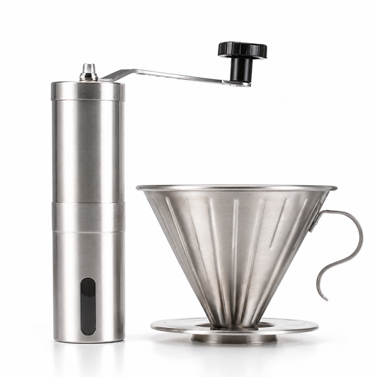 Kit Cafe Viajero Cafetera Dripper V60 con Molino Manual de Acero