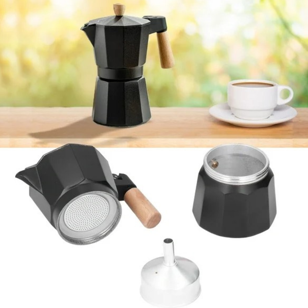 Moka Italiana Negra con Mango en Madera 3 Tazas 150ml