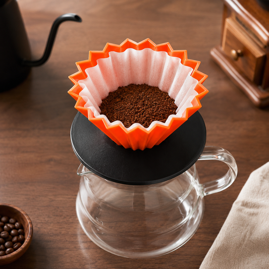 Preparación de café en dripper tipo Origami con tetera cuello de cisne